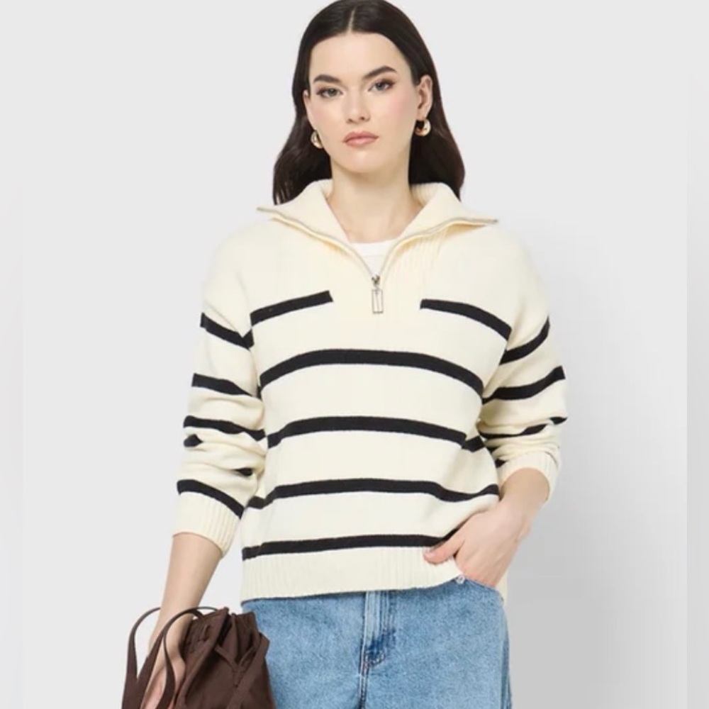 Striped Quarter Zip Pullover Sweater Cream Navy Nautical Knit XL